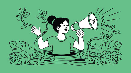 Naklejka premium Young woman emerges from a circular hole in the ground while holding a large megaphone and speaking to promote environmental awareness amidst lush, stylized foliage and twisting plant vines.