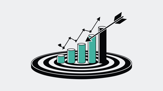 Arrow hitting the center of a target above a growth bar chart represents strategic success and achieving business objectives through precise goal-oriented planning.