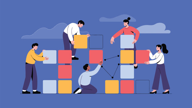 Colleagues organize colorful blocks to build a cohesive structure symbolizing effective teamwork and collaborative problem solving in a professional environment that provides ample empty copy space.