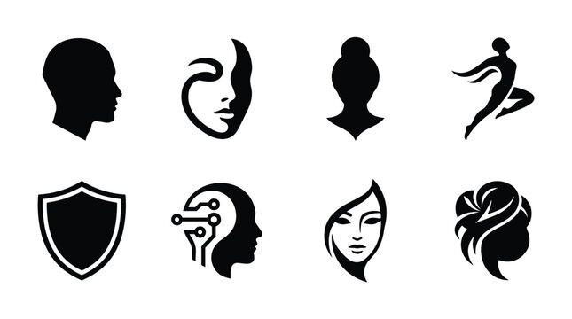 Abstract Face Silhouette Icon Collection with Minimal Human Profile Designs Isolated on White Background for Modern Branding and Design