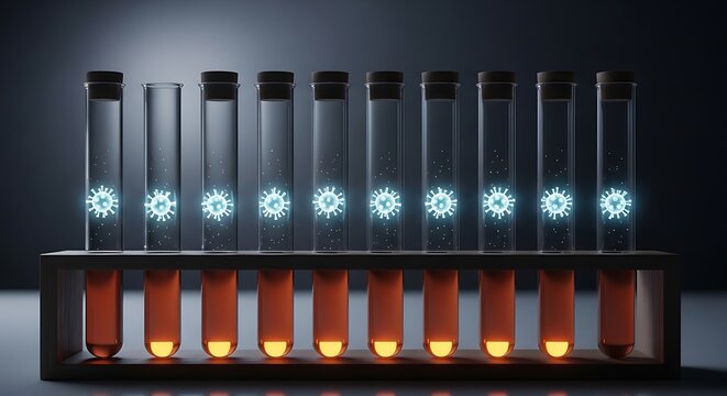 Test tubes filled with liquid and illuminated blue virus icons in a dark lab setting