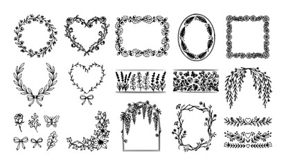 Fototapeta premium Hand Drawn Floral Frame with Leaves Heart Bow Laurel Wreath Vector