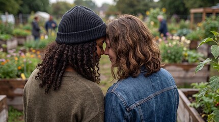 Fototapeta premium Two women leaning heads together in solidarity in a community garden