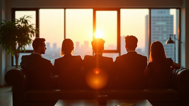 On the couch Big iteration open space office Five people Intentional sun glare and lens