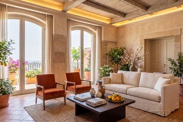 Fototapeta premium Luxury resort lounge with warm Mediterranean interior design