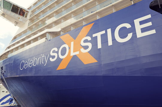 side of Celebrity Solstice cruise ship while docked at port