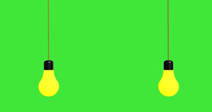 Two bright yellow light bulbs dropping down and swinging against a green screen background representing a brilliant new idea or a creative spark in motion.