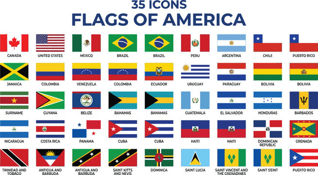 Flags of America Vector Icon Set with Thirty Five National Country Emblems from North South and Central American Regions for Educational Reference Map Graphics