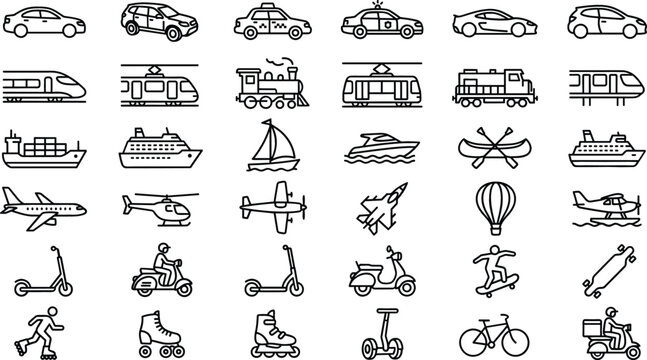 Transportation and Logistics Line Icon Set with Car Train Ship Airplane Scooter and Bicycle Outline Symbols for Public Transit and Travel Maps