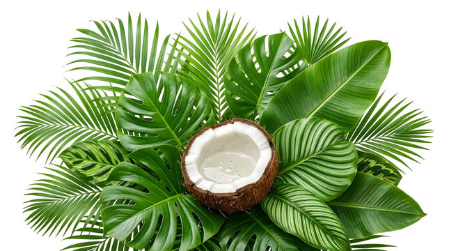 PNG Tropical Coconut with Green Leaves Arrangement Isolated on Transparent Background