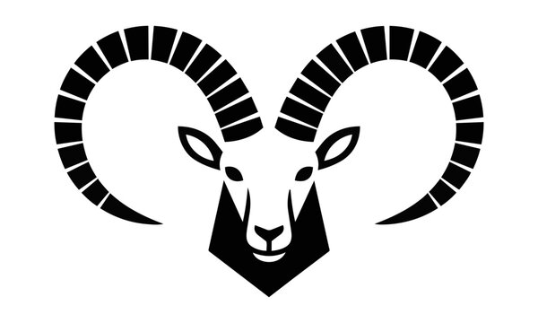 Minimalist ibex head silhouette with prominent spiraled horns and balanced symmetrical curves isolated on white background animal logo concept