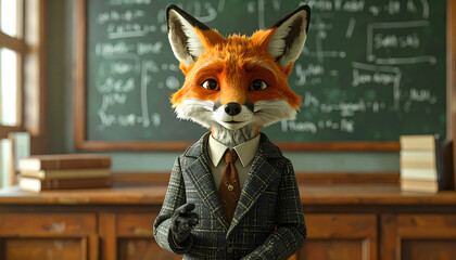 Fototapeta premium Fox acting as university professor explaining complex equations creates academic intelligent serious humorous professional atmosphere generative AI