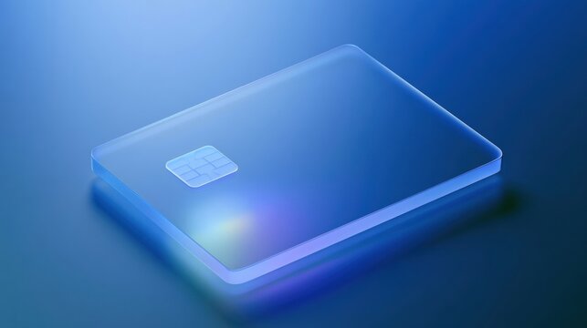 A frosted glass credit card floats above a blue gradient. The card features a translucent chip and shows light refraction effects.