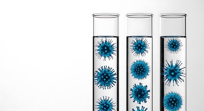 Three glass test tubes filled with clear liquid, containing stylized blue viral particles