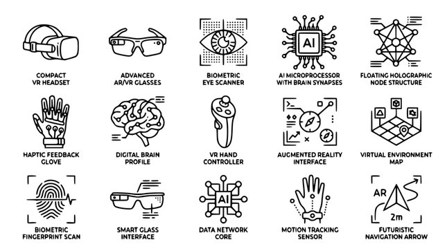 Technology icons with VR headset and AI brain synapse isolated on white background