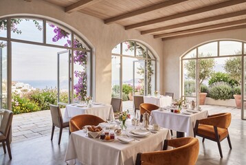 Fototapeta premium Luxury hotel dining room with warm Mediterranean interior design