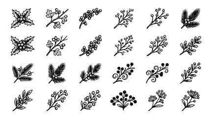 Collection of winter berry and pine branch elements in a simple vector silhouette style isolated on white background © Nurzahan