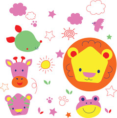 Naklejka premium Adorable baby wild animal characters group smiling together, kawaii style graphic elements for baby clothing print
