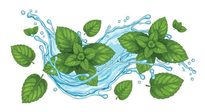 Fresh green mint leaves with blue water splash, organic peppermint herbal vector illustration, refreshing mentha foliage for beverage packaging isolated PNG with Transparent Background