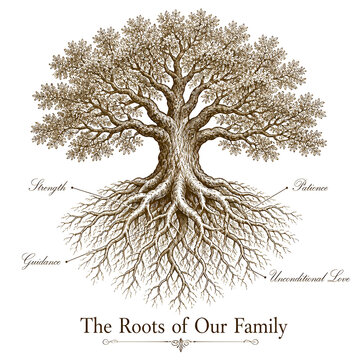 Vintage Botanical Etching Family Roots Tree Diagram Print Isolated
