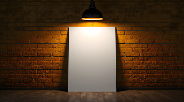 Blank vertical poster leaning against golden brick wall creates atmospheric and warm gallery mood generative AI