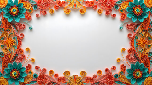 Blank white paper sheet framed by colorful paper quilling art creates vibrant and creative mood generative AI