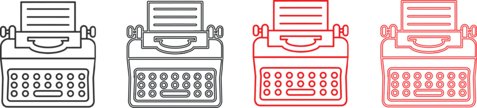 Set of vintage typewriter line art icons with black and red color styles for writing and office design projects