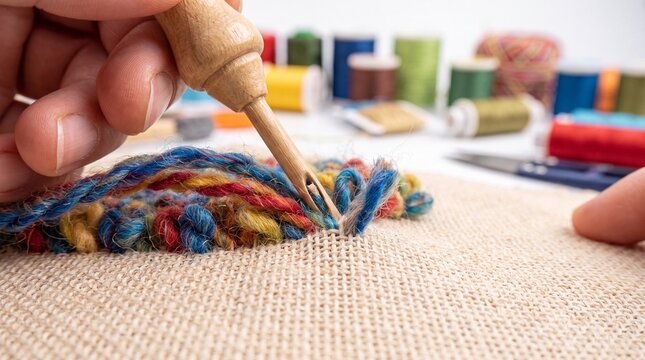 Hand using wooden punch needle tool to create colorful yarn loops on fabric in craft studio
