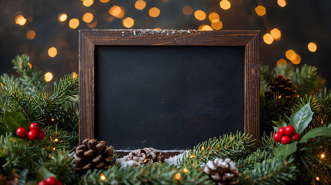 Blank festive chalkboard sign nestled in pine branches creates cozy and warm christmas holiday atmosphere generative AI