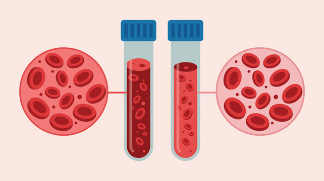 Two laboratory test tubes containing blood samples with magnified views showing variations in red blood cell counts.