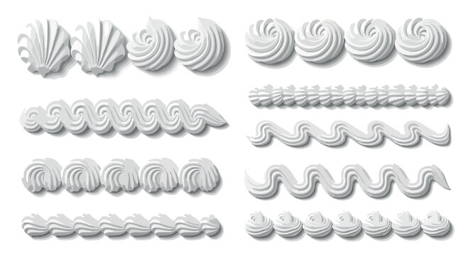Whipped cream swirls and frosting borders vector set, white cake icing piping elements, decorative sweet dairy foam swirls for bakery design isolated PNG with Transparent Background