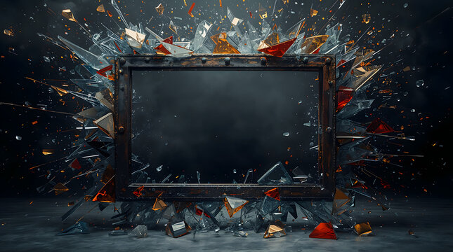 Blank iron frame surrounded by exploding glass shards creates dynamic and high energy artistic atmosphere generative AI