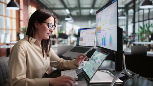 Financial Analyst Reviewing KPI Dashboard On Laptop