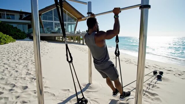 Man exercising pull-ups on beach with luxury villa and ocean