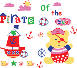 Fototapeta premium Cute pirate bear holding a secret map on a treasure hunt ocean adventure, nautical theme vector for boys clothing