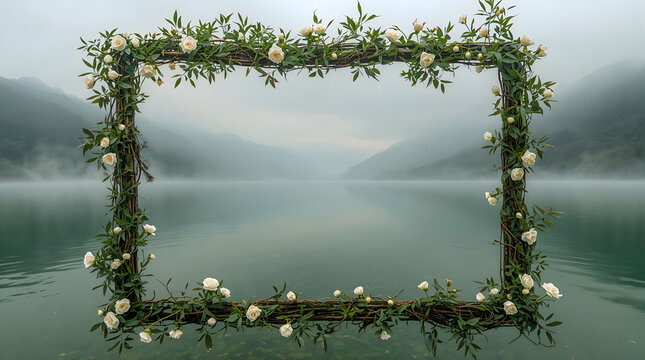 Blank frame woven of willow and roses floating on water creates poetic and fantasy atmosphere generative AI