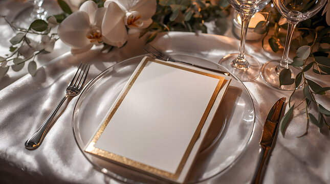 Elegant blank menu card resting on white linen creates sophisticated and romantic wedding reception atmosphere generative AI