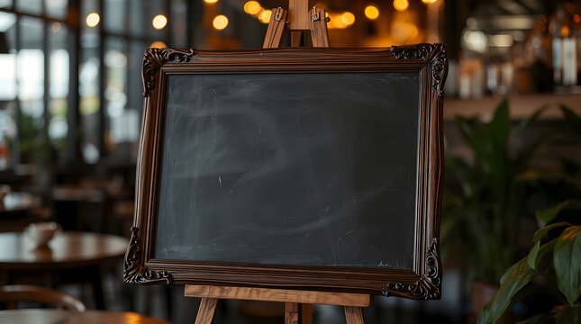 Empty chalkboard resting on rustic easel creates welcoming and cozy authentic artisan cafe atmosphere generative AI