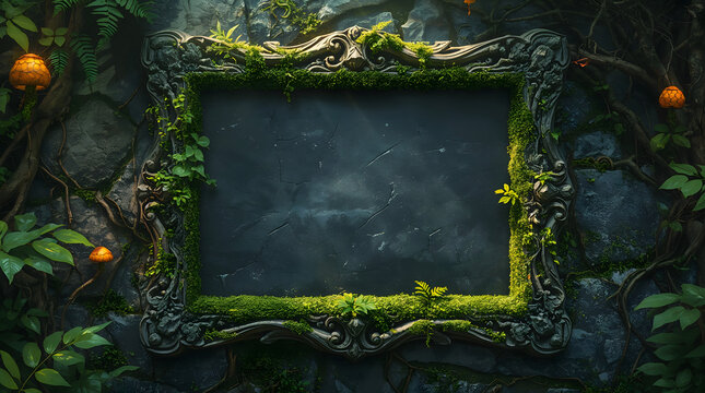 Empty stone frame embedded in magical forest creates enchanting and ancient high fantasy atmosphere generative AI