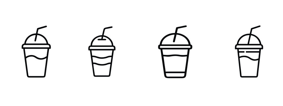 Juice cup smoothie and drink line icons set featuring cold beverage takeaway, iced coffee plastic cup, fresh milkshake frappe & more vector illustration with editable stroke.