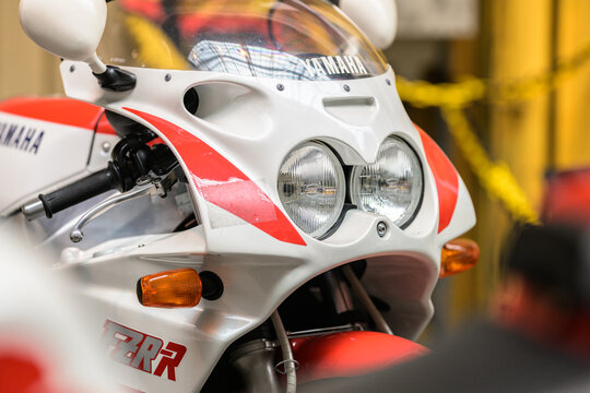 Gothenburg, Sweden - May 30 2026: Classic Yamaha FZR motorcycle front fairing and headlights.