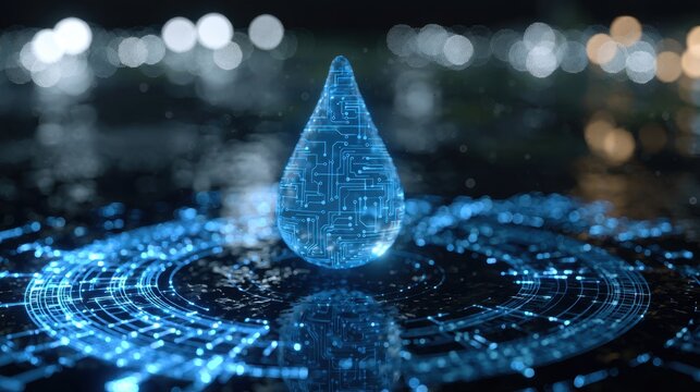 Digital water drop with glowing electronic circuit pattern above water surface illuminated by futuristic blue light representing technology and innovation concept
