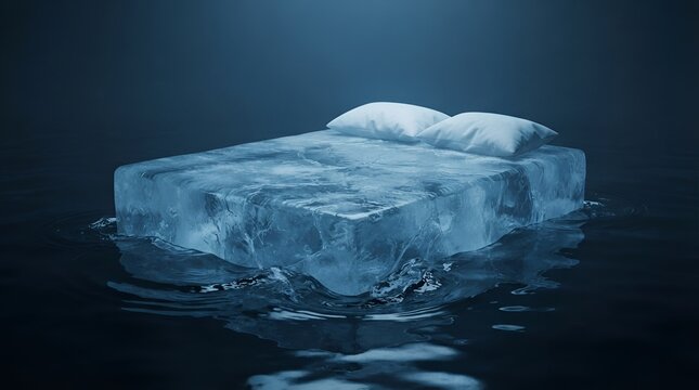 Bed with pillows made of solid ice blocks floating on dark water surface in a mysterious dark environment with cold blue lighting effects
