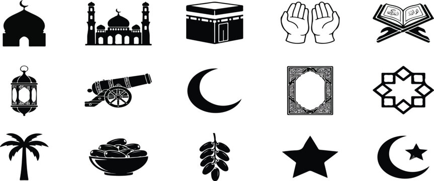 islamic Ramadan and Eid Mubarak icons Set black Design on Transparent Background, Vector illustration.eps