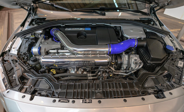 Gothenburg, Sweden - May 30 2026: Volvo T6 Polestar performance engine bay with polished intake.