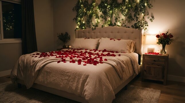 A romantic bedroom setting featuring a bed covered in red rose petals, illuminated by warm fairy lights and lush green vines on the headboard