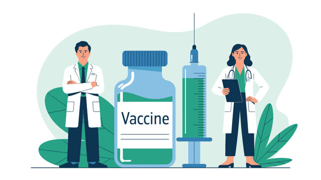 Male and female doctors standing beside a giant vaccine bottle and syringe representing immunization campaigns and public health.