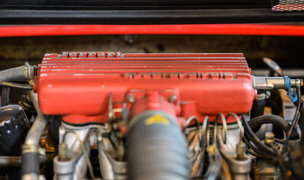 Gothenburg, Sweden - May 30 2026: Ferrari Testarossa engine detail with shallow focus texture.
