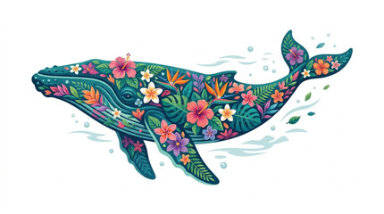 Colorful floral whale illustration with vibrant patterns. © Berkah