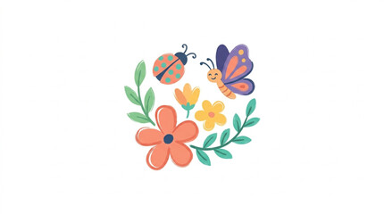 Colorful floral wreath with ladybug and butterfly illustration. © Berkah